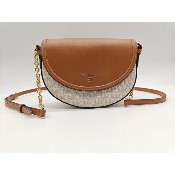 MICHAEL KORS Signature logo faux-leather small crossbody messenger -Beige/Tan - Picture 1 of 8
